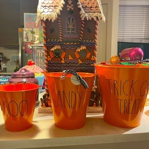 Rae Dunn Halloween Trio of Orange Tin Pails